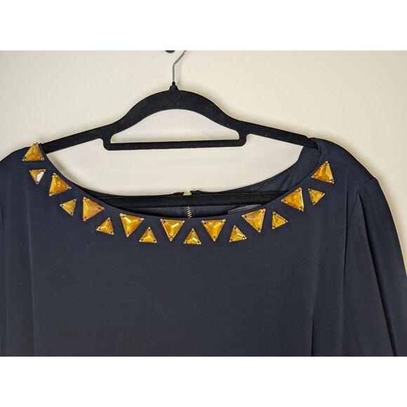 Vince Camuto NWT Navy Blue Gold Jeweled Neckline Sheath Shift Dress Size 14 - Picture 7 of 10